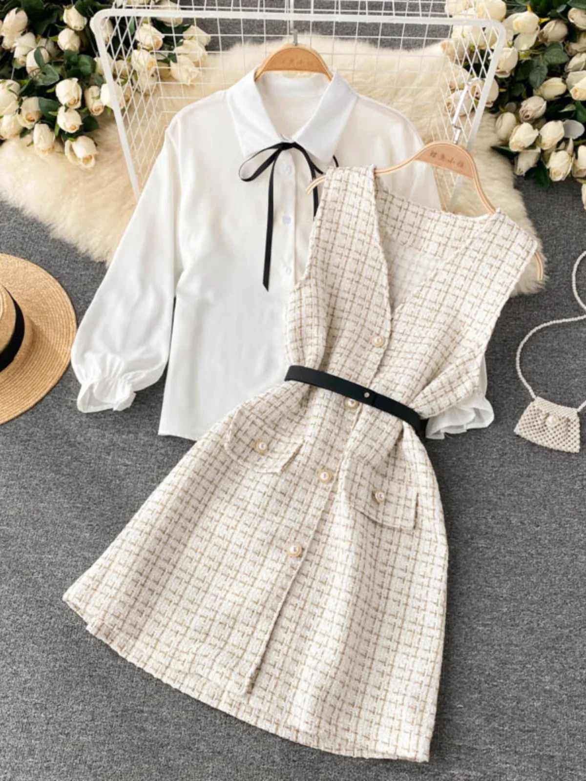 Inizio autunno New Sle Bubble da donna Sve irt e gonna scozzese Set in due pezzi Abito da donna Faionable ed Ele