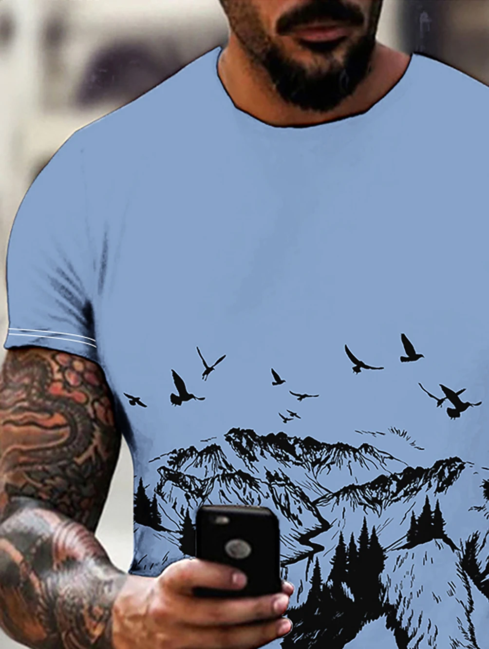 Men's round neck casual T-shirt 3D digital printing short sleeve blue flying bird printing short sleeve cross-border