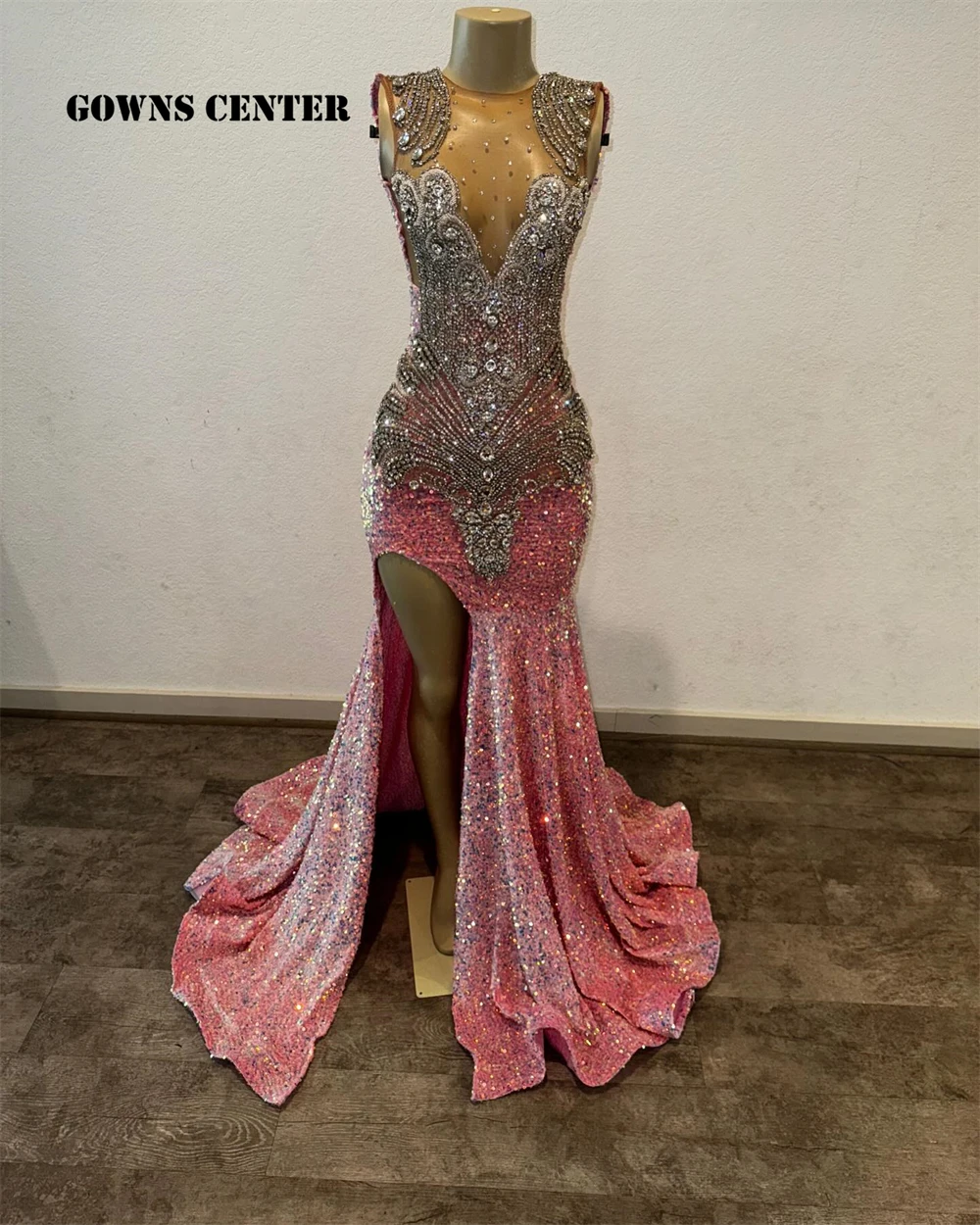 Designer Pink Split Silver Rhinestone Mermaid Prom Dresses For Party Wedding Evening Blackgirl Luxury Birthday Gown Customized