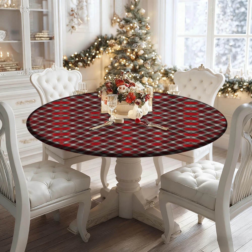 

Christmas Decorative Elastic Tablecloth with Red Plaid Pattern, Polyester Material, Suitable for Christmas Family Gatherings