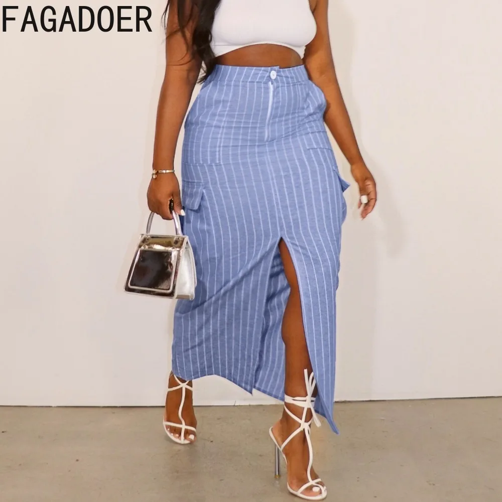 

FAGADOER Blue Casual Stripe Printing Slit Skirts Women High Waisted Button Pocket Skinny Skirt Casual Female OL Matching Bottoms