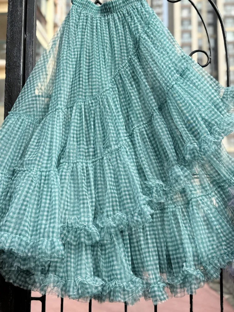 TIYIHAILEY New Mesh Women Autumn Spring Long Maxi Skirts High Quality Ball Gown Skirt Big Hem Printed Plaid Custom Made Skirts
