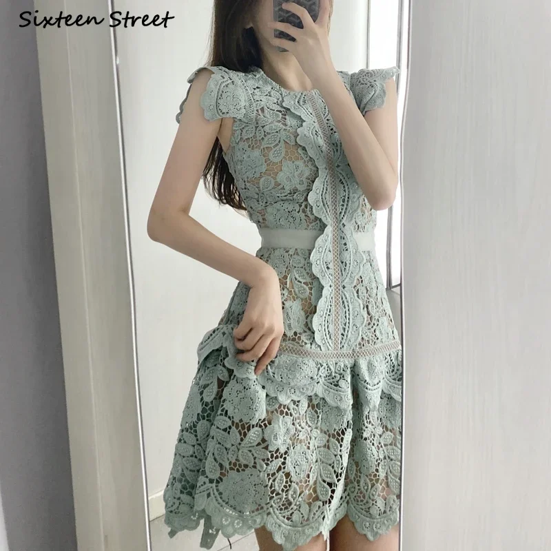 Sleeveless Summer Dress for Women O-neck High Waist Clothing Woman Dresses Lace Hollow Out Elegance Clothing Vestidos Street