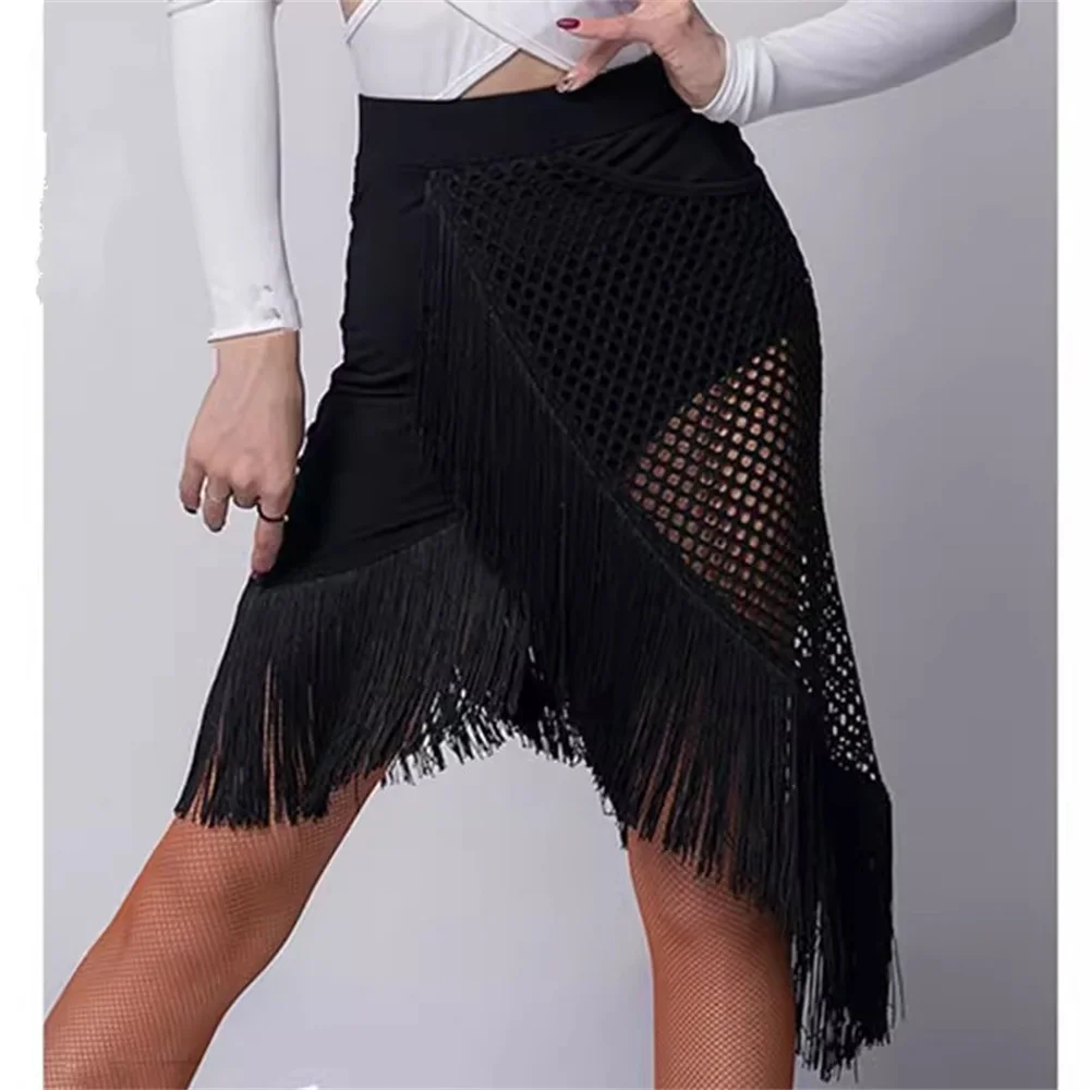 New black women\'s hollowed out Latin dance short skirt Tassel modern dance practice skirt Ladies cross show diagonal skirt