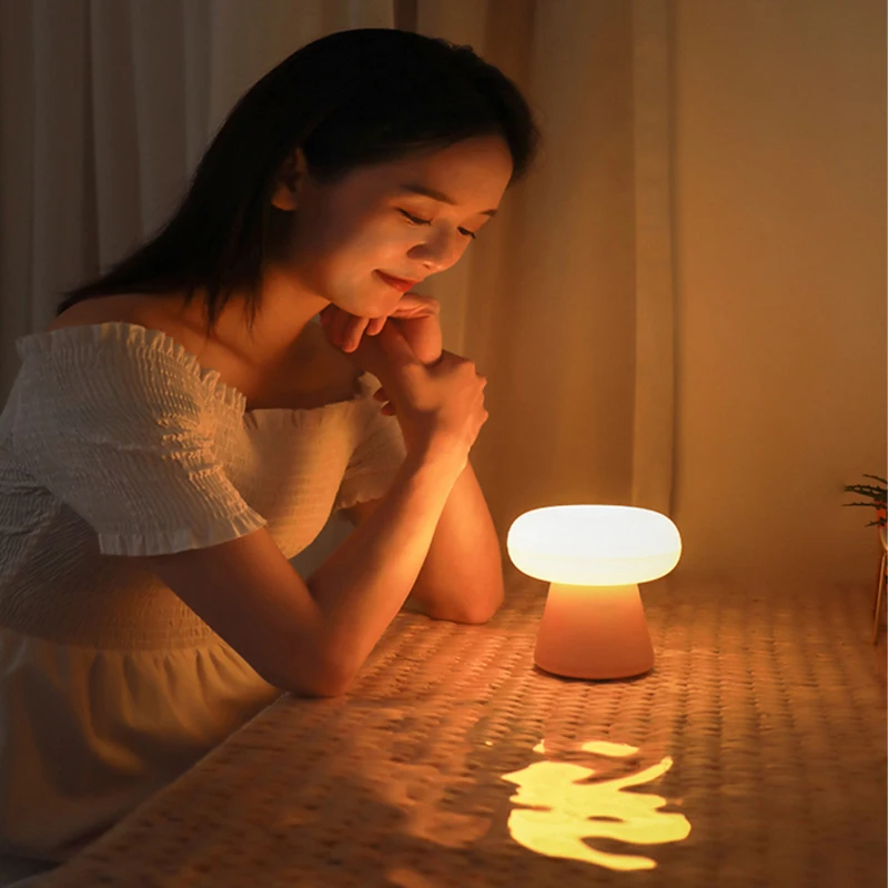 1800mAh LED Night Light with Clock Mushroom Shape Desktop Bedside Lamp Lighting Children's Birthday Christmas Gift Atmosphere