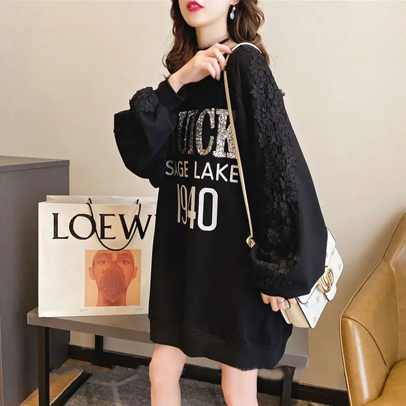 Lazy Style Print Letter Casual Hoodies Sweatshirts Spring Autumn New Loose Lace Patchwork Korean Pullovers Fashion Women Clothes