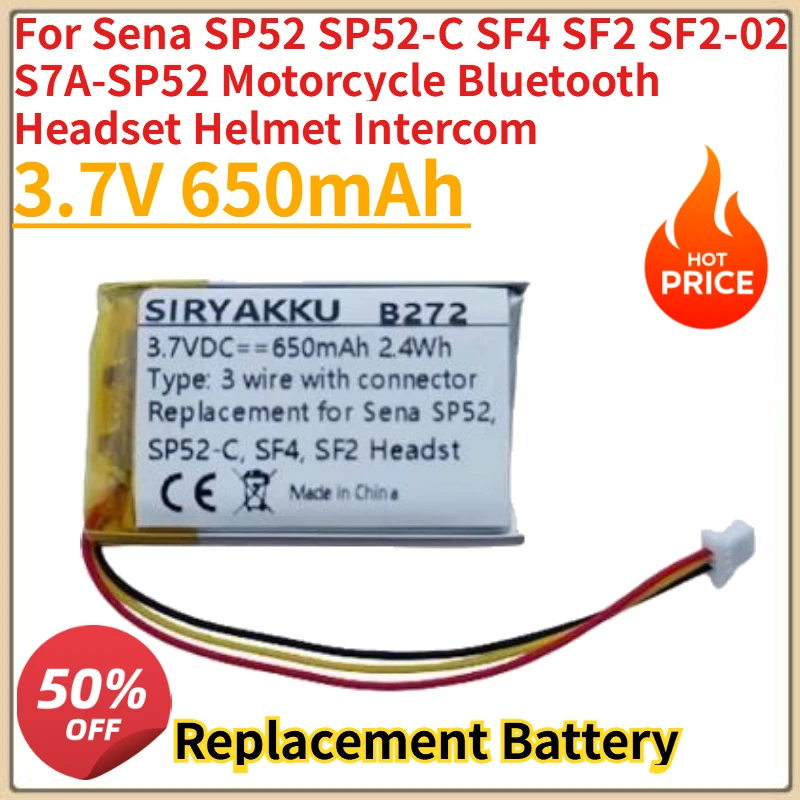 

New Replacement Battery 3.7V 650mAh For Sena SP52 SP52-C SF4 SF2 SF2-02 S7A-SP52 Motorcycle Bluetooth Headset Helmet Intercom