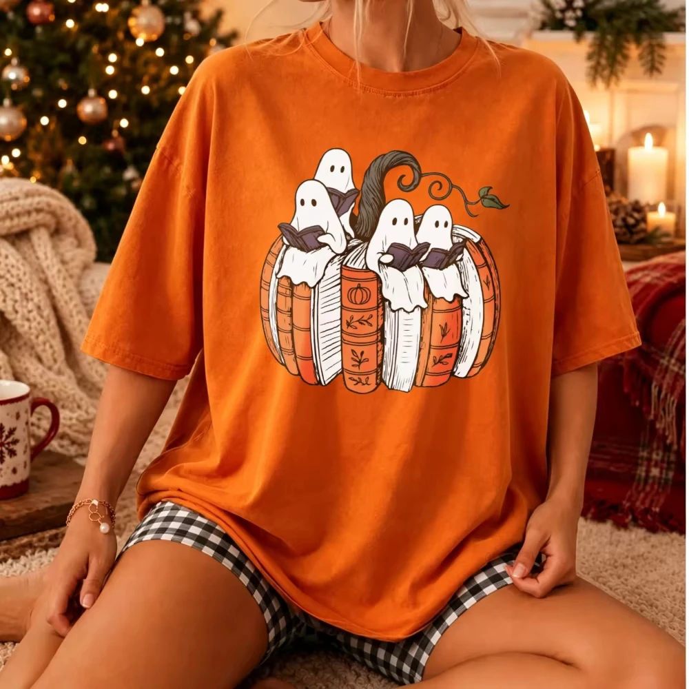 Cute Book‑Reading Ghosts Pumpkin Halloween Graphic T‑Shirt Four Little Ghosts Reading Books Inside Vintage Pumpkin Casual Tops