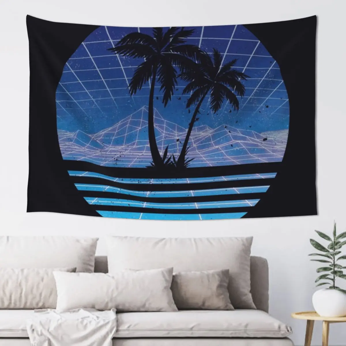 Modern Retro 80s Outrun Sunset Palm Tree Silhouette - Blue Tapestry Wall Tapestries Bedroom Decoration Tapestry