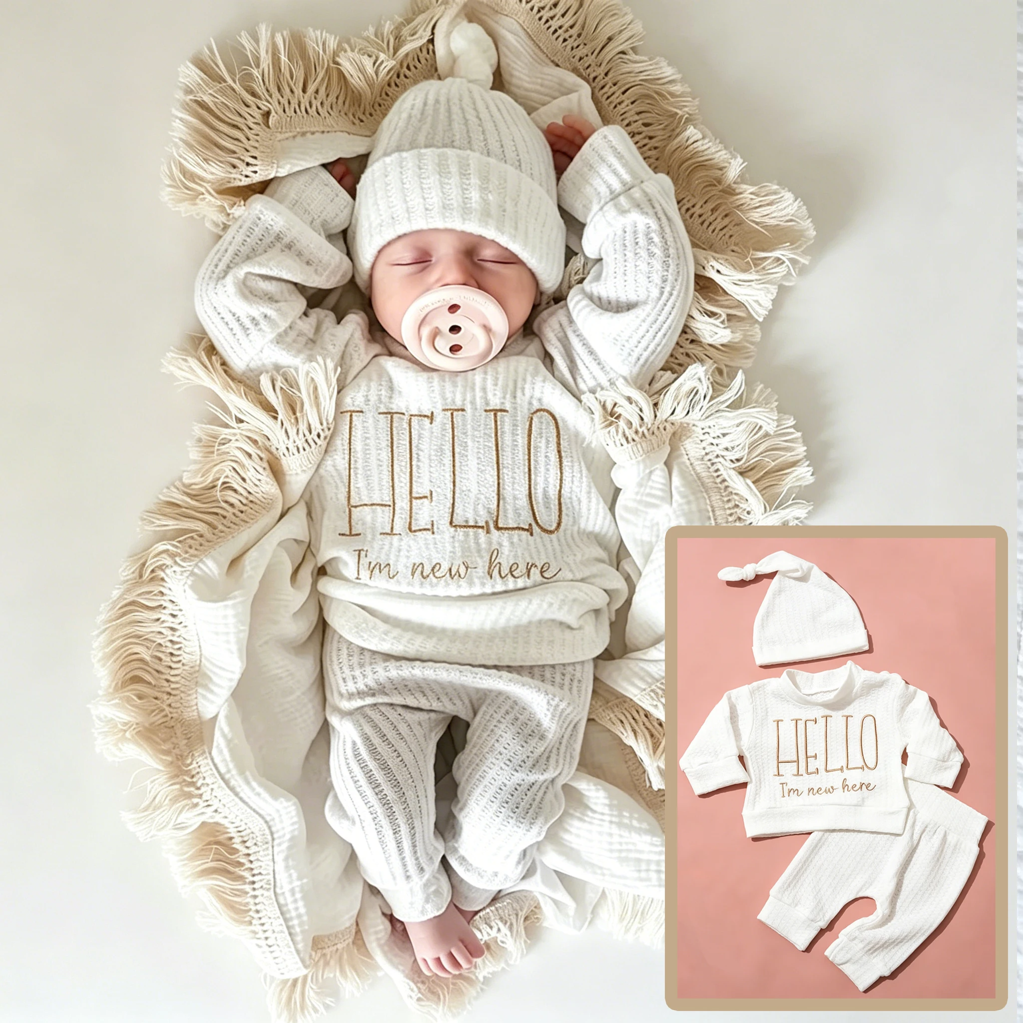 Ylsteed „Hello“-Stickerei, Neugeborenen-Fotografie-Requisiten, Säuglings-Strampler mit Schleifenmütze, Baby-Coming-Home-Outfit, Baby-Foto-Geschenk