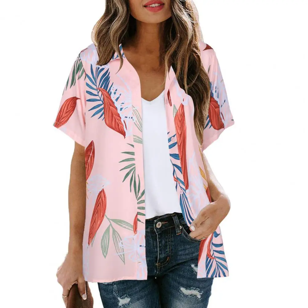 Women Summer Casual Hawaiian Shirt Lapel Short Sleeve Single Breasted Shirt Floral Print Loose Beach Shirt Top Blouse Streetwear