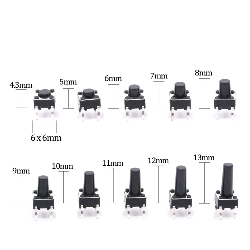 10 models 6*6 Tact Switch Tactile Push Button Switch Kit Height: 4.3 5~13MM DIP 4P micro switch 6x6 Key switch For Arduino