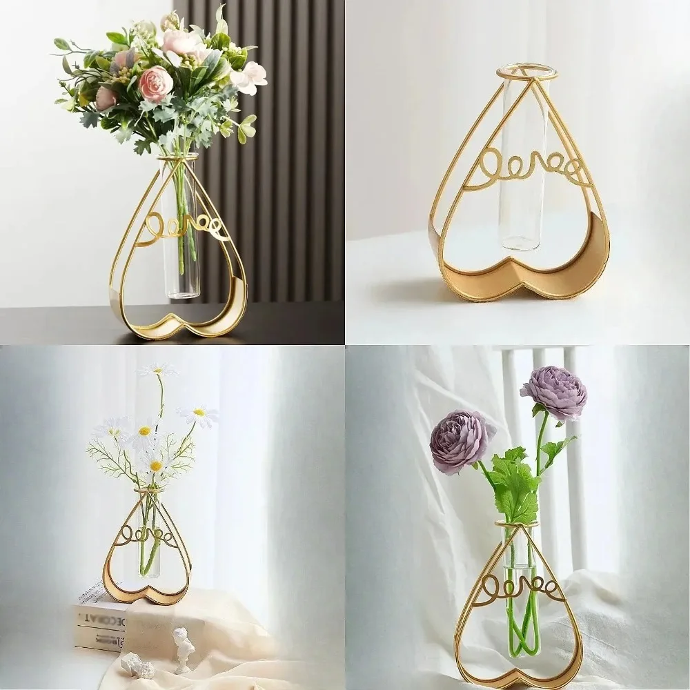 Creative Iron Art Glass Hydroponic Planter Vase Clear Dry Flower Bottle Decoration