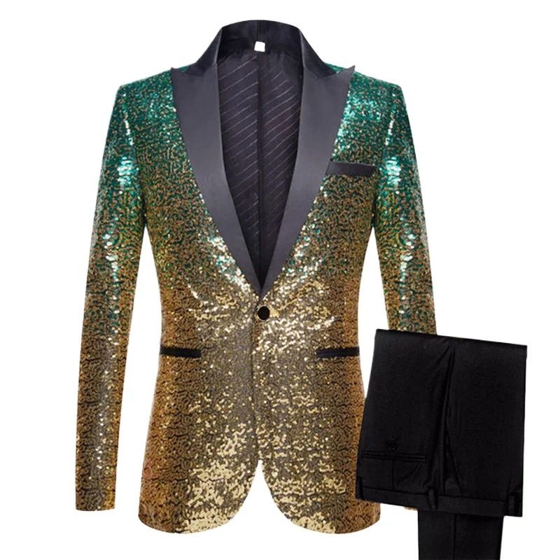 

High-Grade Men Luxury Gold Sequins Suit One Button Slim Fit Jacket Pants Set Designer Homme Wedding Prom Party Dress Blazers