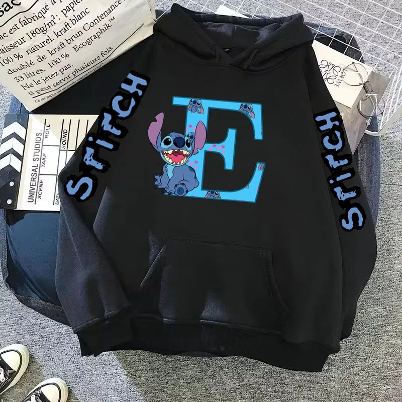 2024 Women\'s Winter Jacket Cute Kawaii Disney Lilo & Stitch Lucky Letter Print Black Hoodie Fashion Couple Streetwear Sportswear