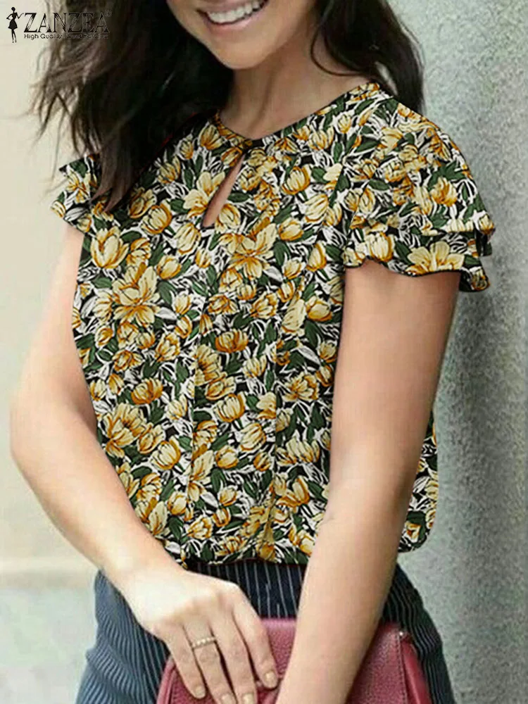 

2024 ZANZEA Elegant OL Work Tops Summer Women Blouse Fashion Short Sleeve Floral Printed Shirt Bohemian Holiday Blusas Mujer