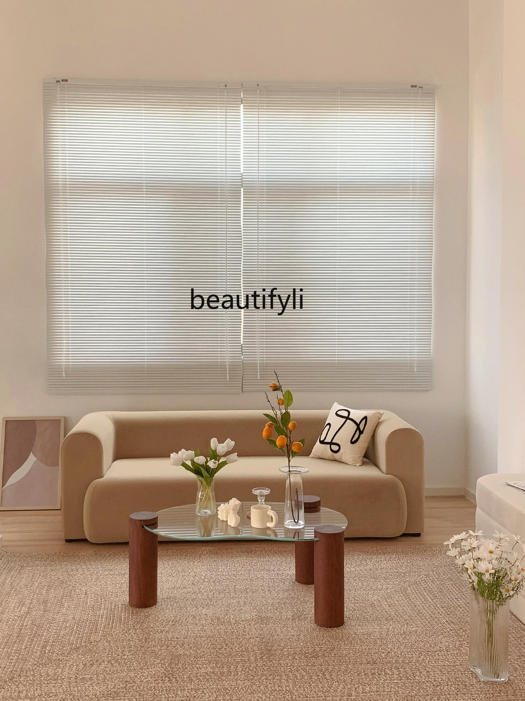 2003Minimalist Style Nordic Apartment Celebrity Straight Fabric Khaki Cream Sofa
