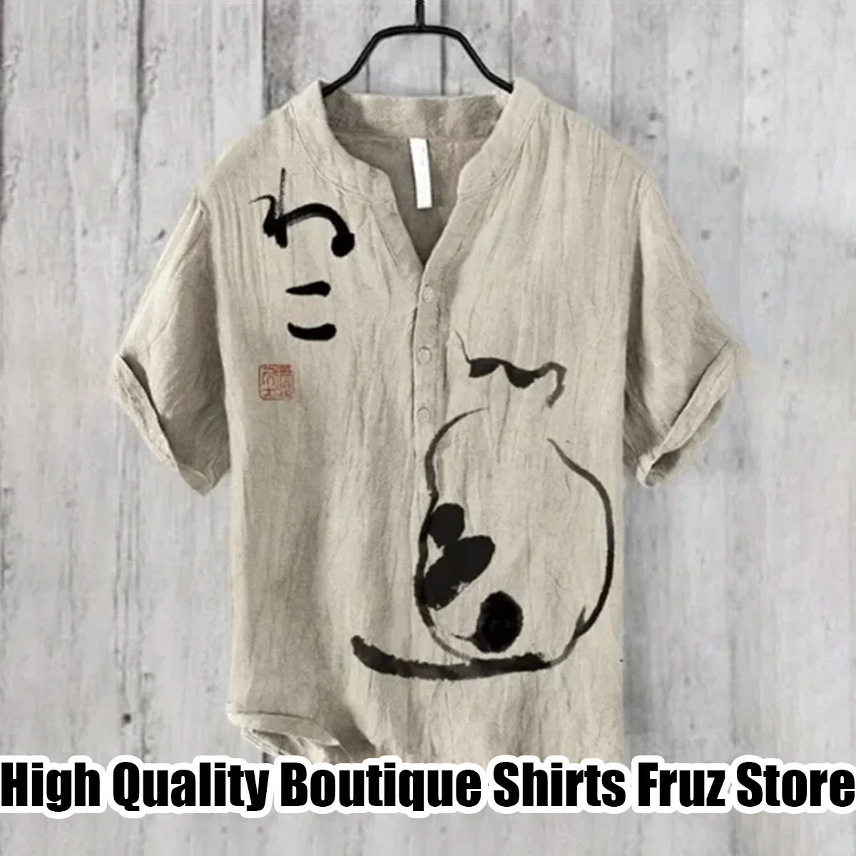 New casual V-neck short-sleeved shirt cat wave art style comfortable loose trend shirt Hawaiian holiday shirt beach style