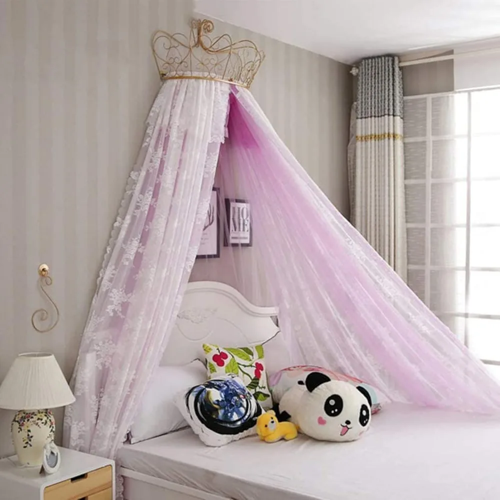 

Princess Lace Bed Canopy with Metal Gold Crown, Floral Bed Sheer Curtain Decorative Drapery for King Queen Full Bed, Hanging Mos
