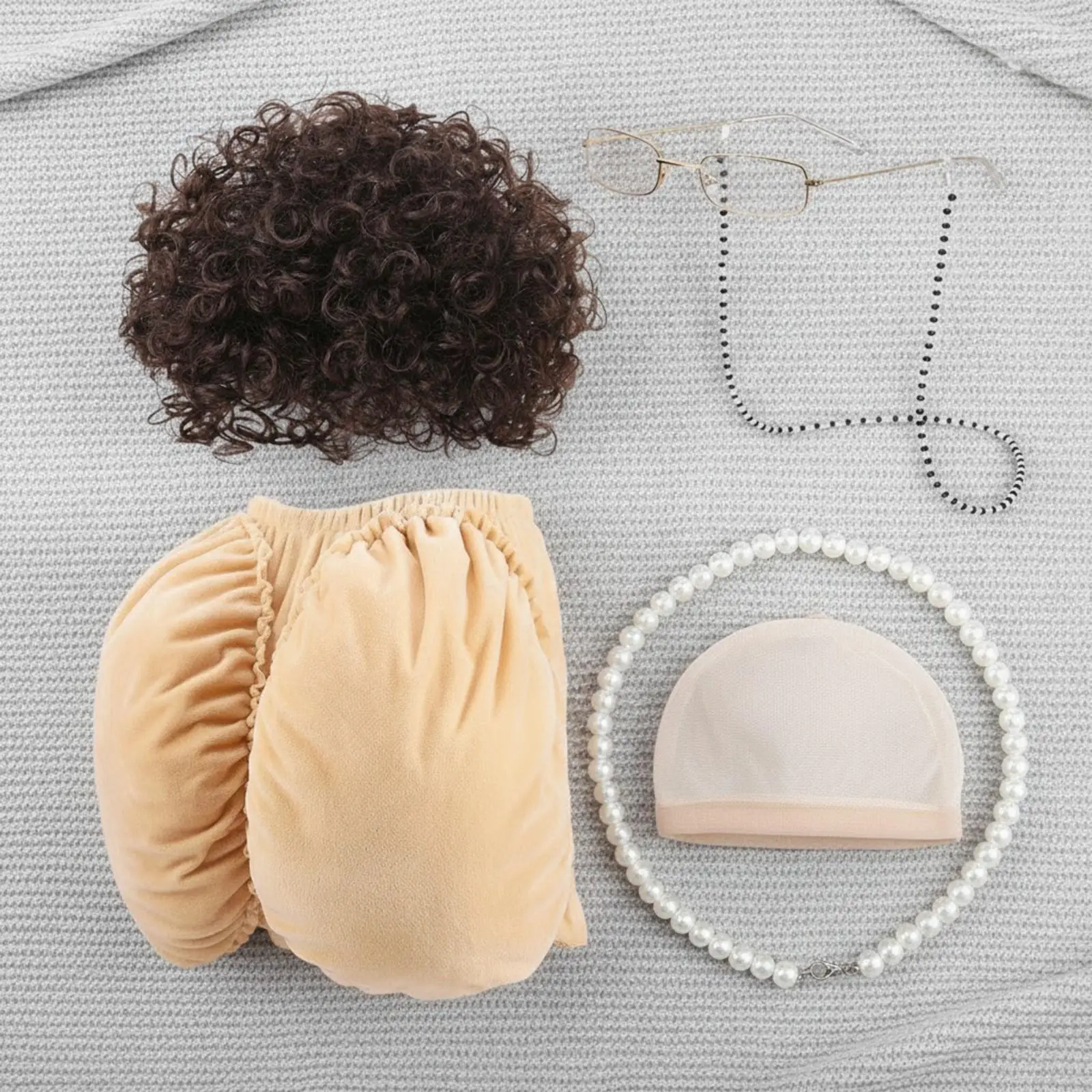 Dress Up Old Lady Costume Kit Curly Grey Wig Padded Hip Piece Beaded Eyeglass Chain Glasses for Halloween Role Play