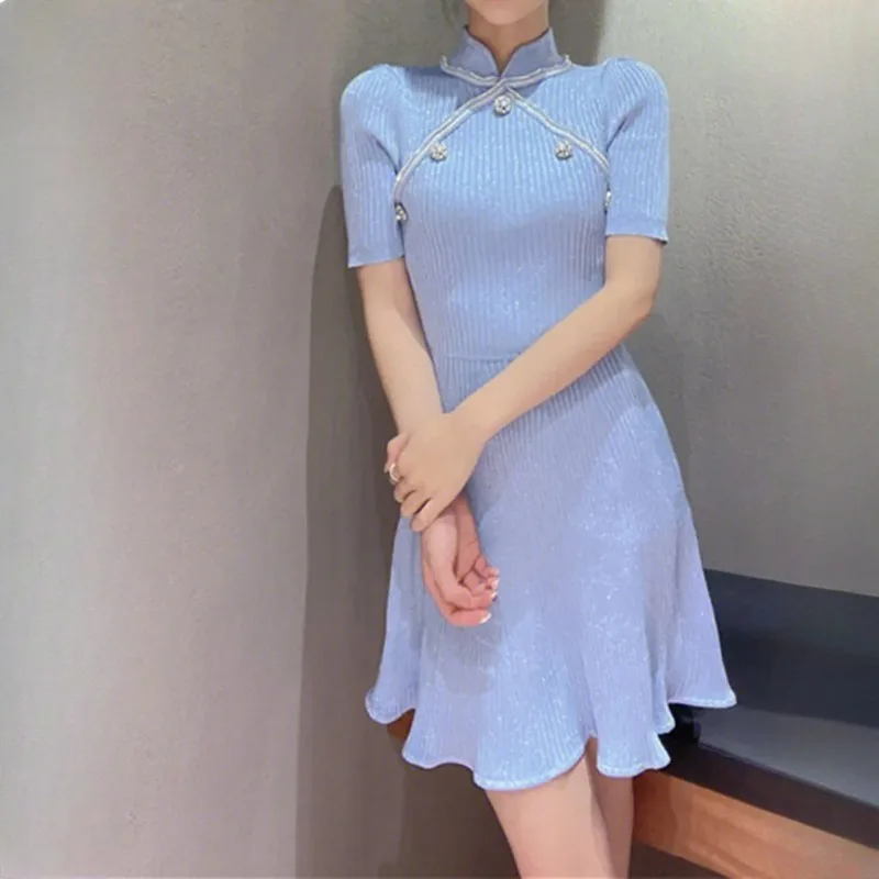 

2024 new Women's Knit Trumpet Mini Dress Chinese Cheongsam Collar Diamond Short Sleeve Slim Female 2024 New Spring Summer Robe