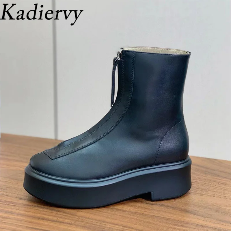 

Thick Sole Short Boots Women Round Toe Front Zipper Ankle Boots Flat Platform Shoes Woman Suede Leather Knight Boots Woman