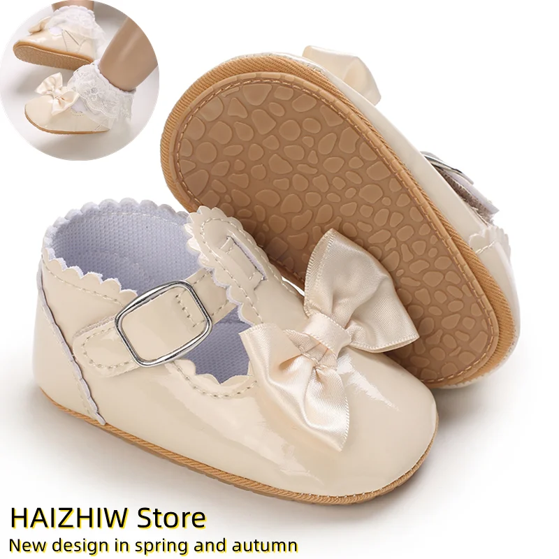 Neue Beige Täufer schuhe Frühling Baby Schuhe PU Leder Neugeborenen Mädchen Schuhe Erste Wanderer Prinzessin Bowknot Baby Prewalker