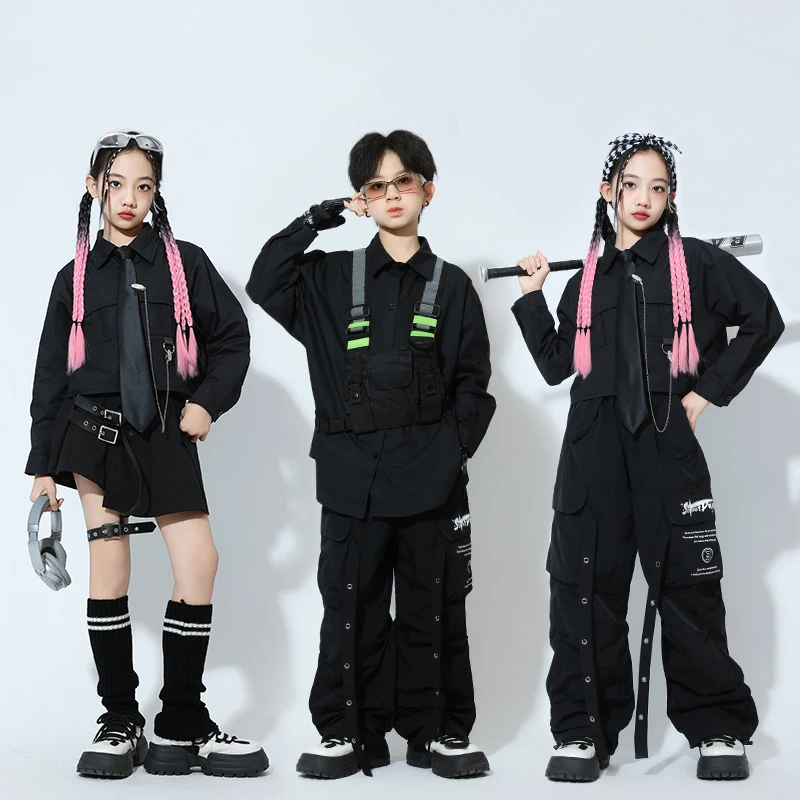 

Cool Techtype Hip Hop Dance Clothes Kids Boys Black Shirts Pants Long Sleeves Girls Kpop Jazz Dance Performance Costume BL14591