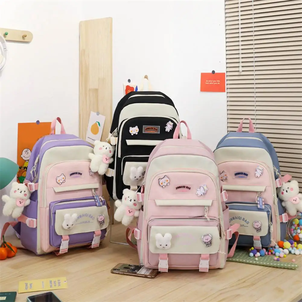 5Pcs/Set Fashion Large Capacity Cute School Bag Anti-scratch Multi Pockets Backpack Handbag Pencil Case Double Shoulder Backpack