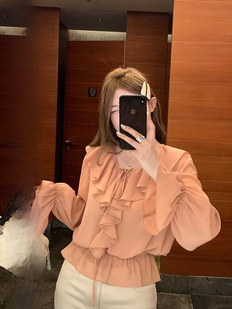 

Luu Peach Happy Girl Lace Trim V-neck Thin Long Sleeve Loose Chiffon Shirt Spring Autumn Design Sense Women's Top Korean Style