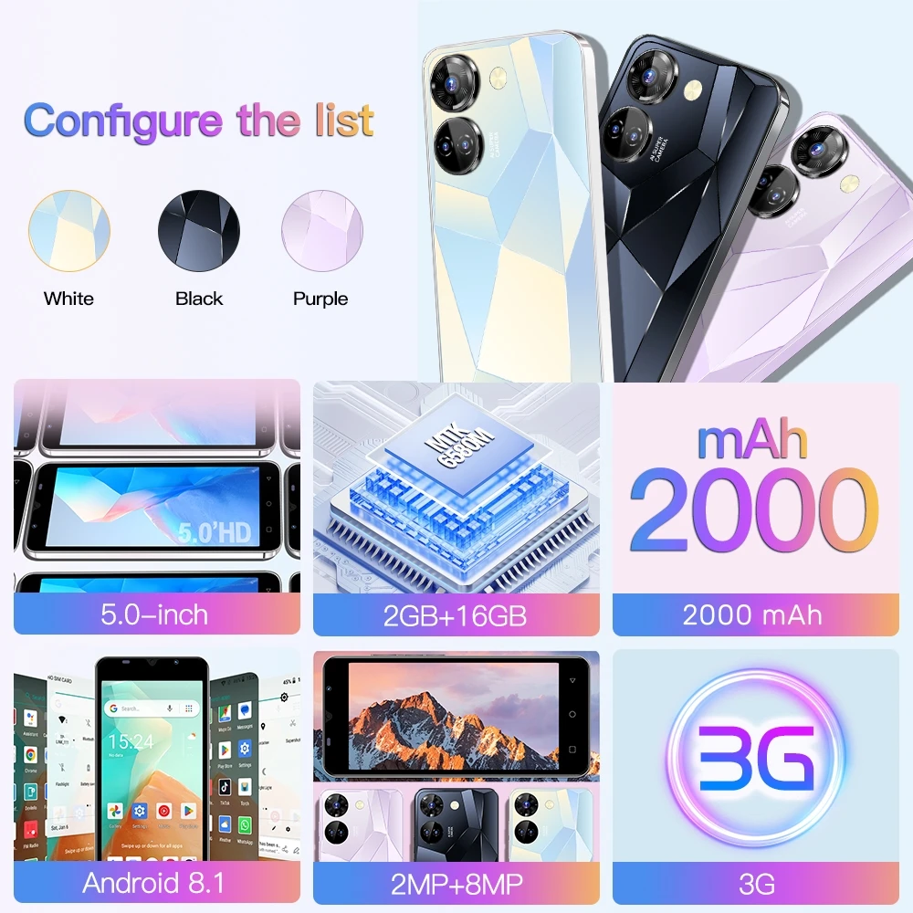 JCTKJ-Camon 20 Pro, smartphone Android da 8,1 pollici, 16 GB ROM 2 GB RAM, batteria da 2000 mAh, telefono cellulare, fotocamera 2 + 8 MP, doppia SIM, telefoni cellulari