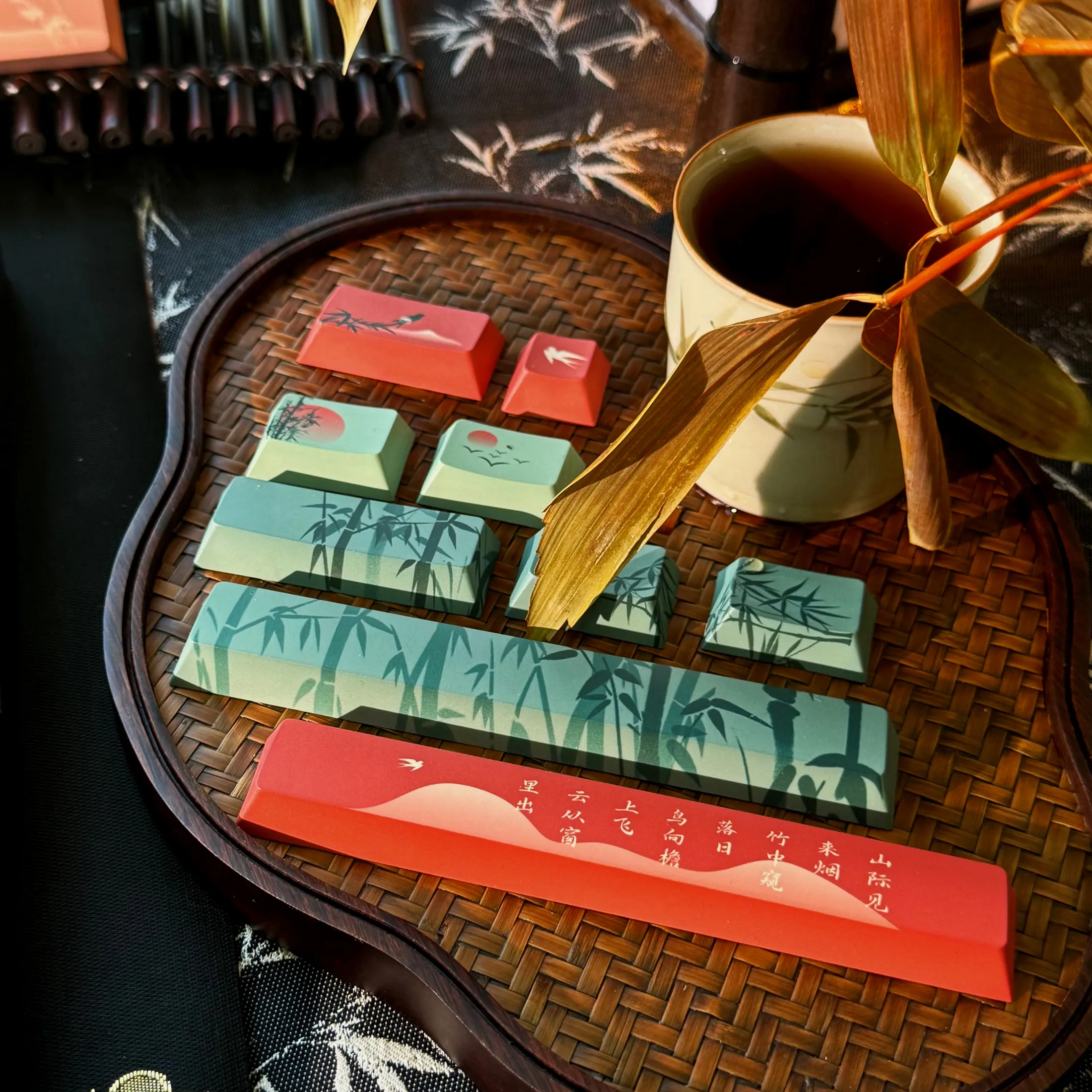 140 Keys/Set Chinese Style Bamboo Sunset Keycaps Cherry Profile Dye-Sub PBT KeyCap For MX Mechanical Keyboard Gaming Office