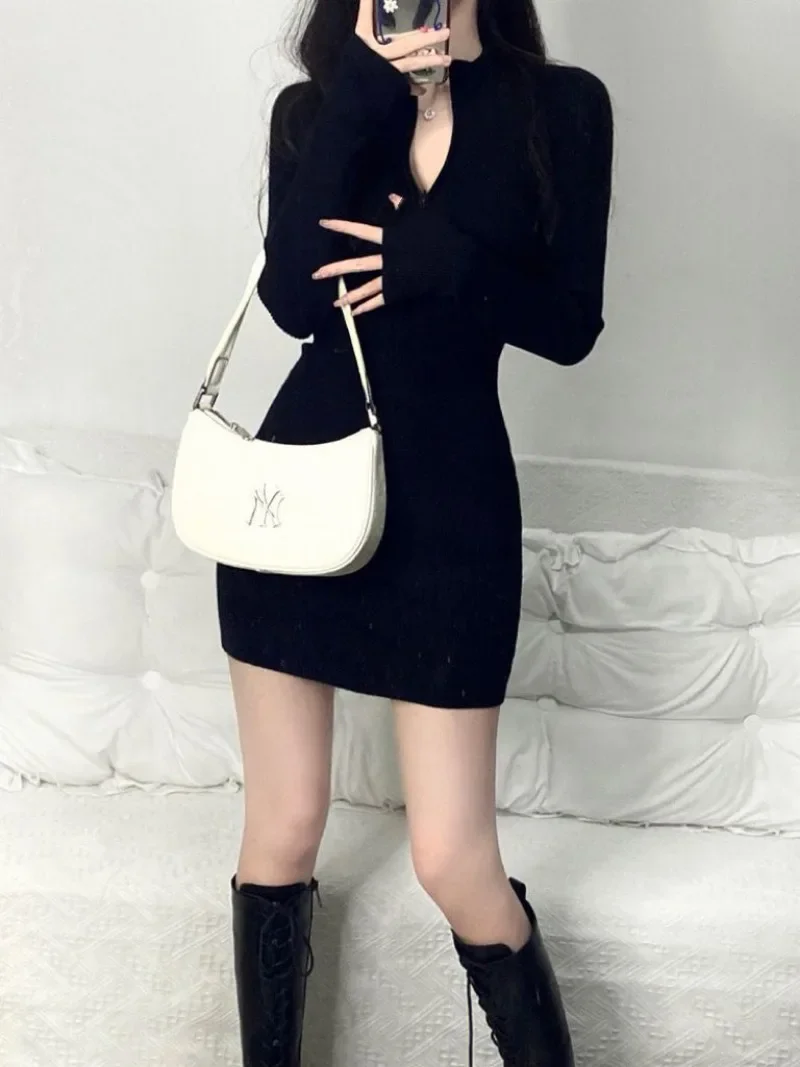 

Autumn Winter Zipped Knitted Mini Dress Women Pullover Slim Tight Sexy Hip Skirt Y2k Casual Korean Vestidos De Fiesta Платье 원피스
