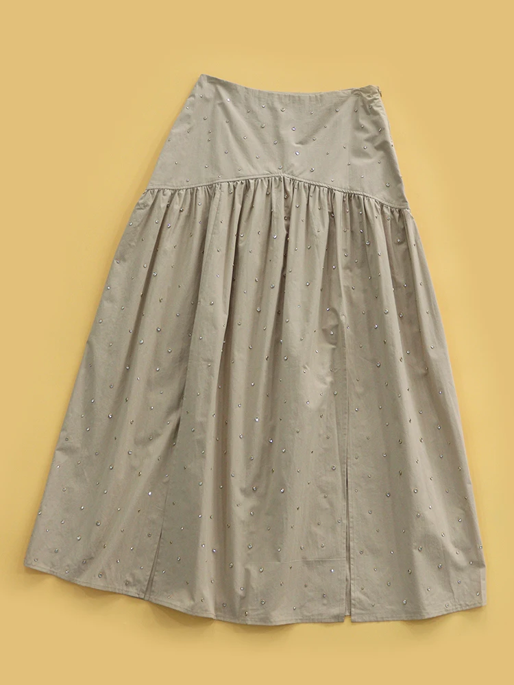 Heidd Khaki Color Medium Length Half Skirt with Heavy Embellishment of Rivets And Water Diamonds Spring 2026 Women's High Wai...