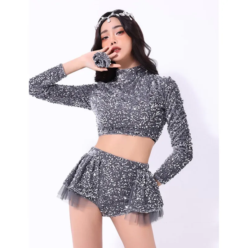 

Glitter Sequin Rave Outfit Party Festival Clothing Jazz Dance Stage Costume Korean Girls Group Crop Tops Shorts Performance Wear