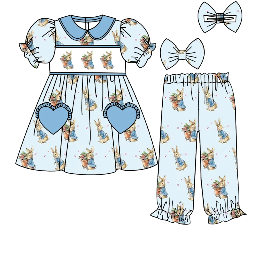 Easter boutique children's suit short-sleeved elastic bunny flower print trousers elastic girls boys pants suit baby pajamas set