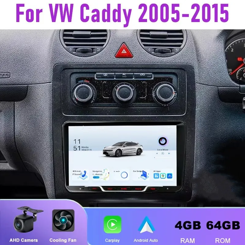 9inch Auto Car Stereo Radio Android 15 8+128GB Car Stereo For VW Caddy 2005-2015 GPS Navi Carplay with Bluetooth AHD Camera