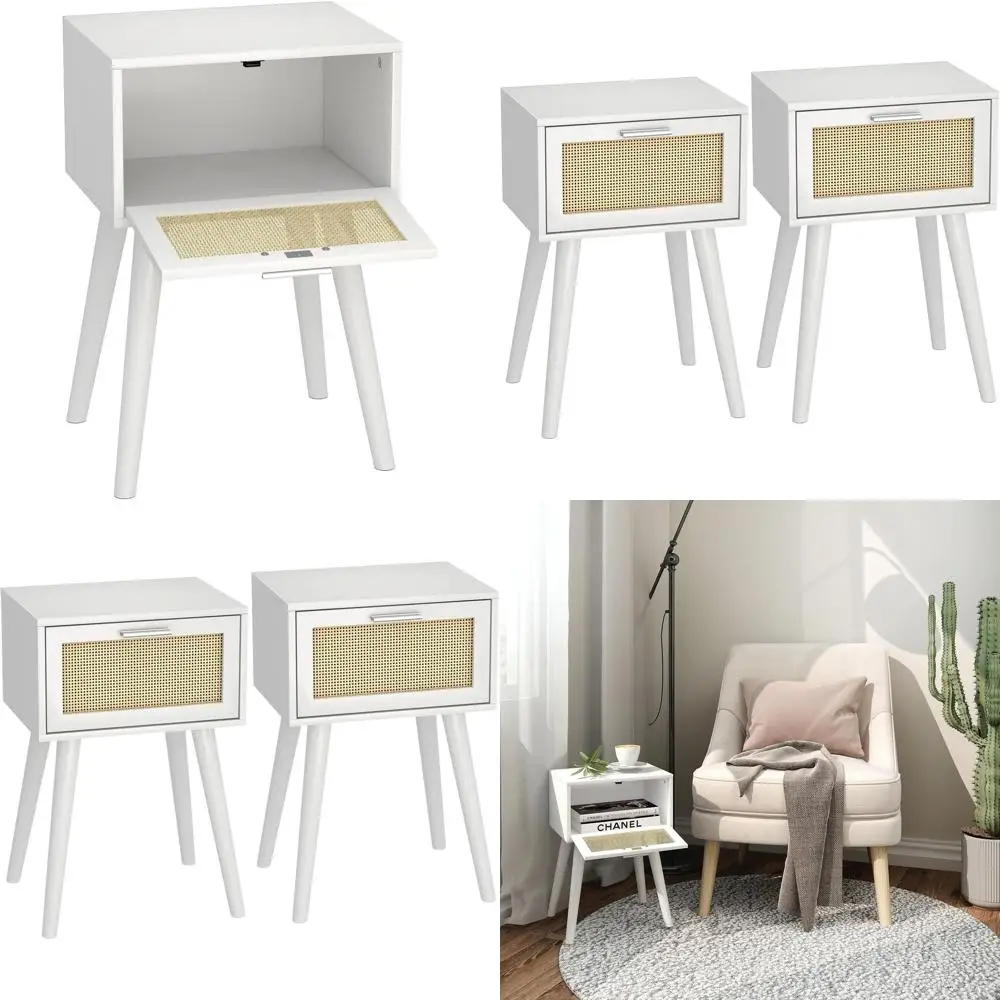 

Pair of White Boho Small End Tables with Rattan Doors for Bedroom and Living Room