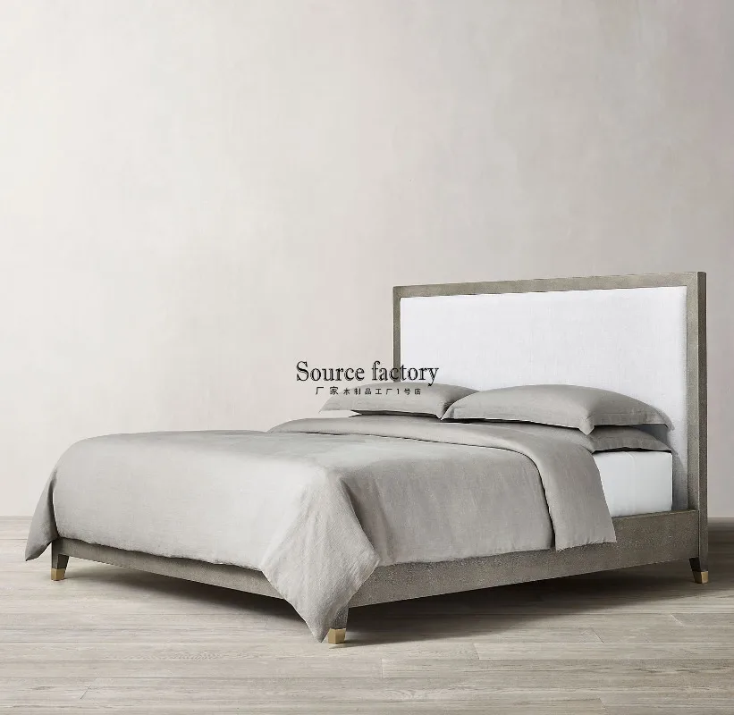 American granular leather double bed modern simple solid wood buckle leather bed