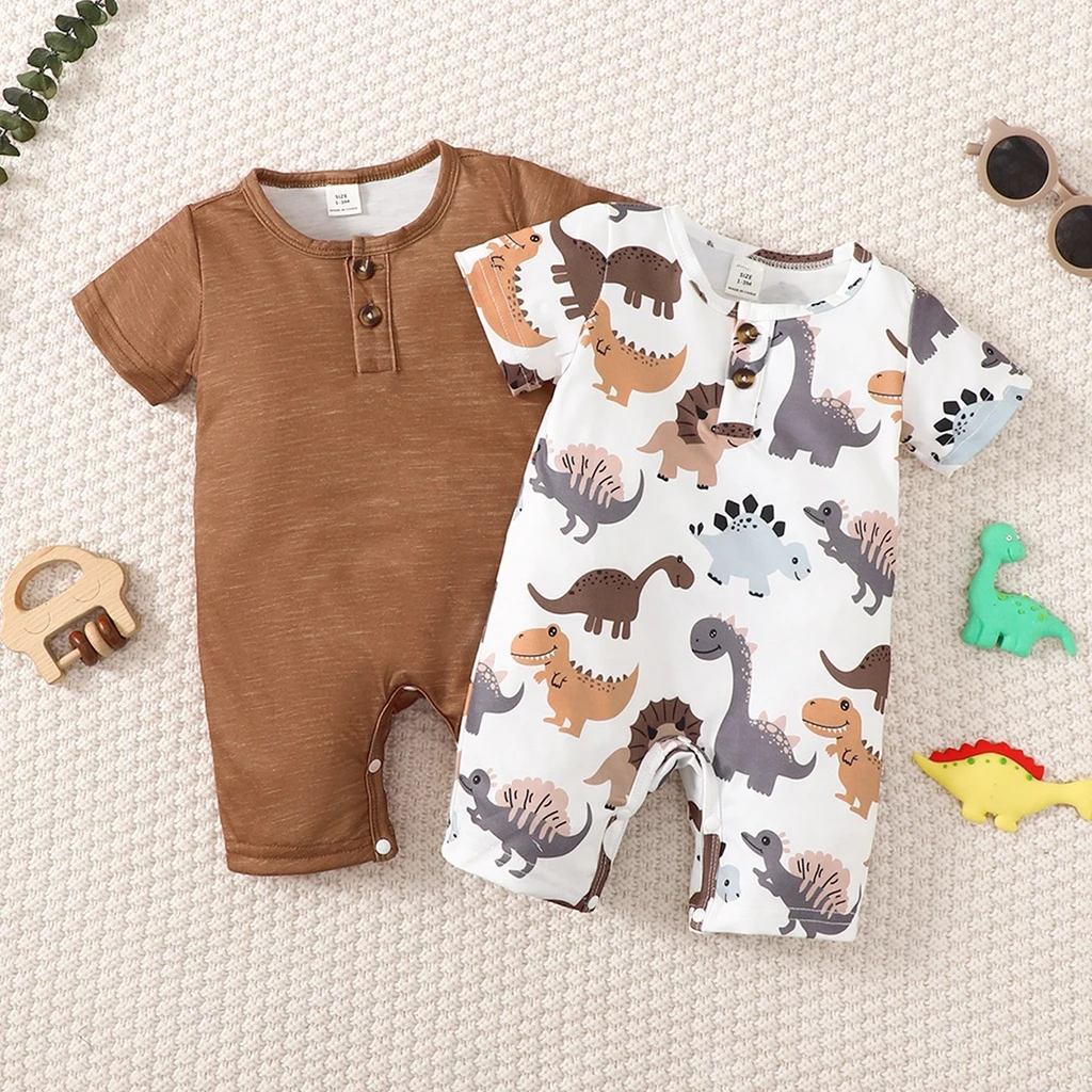 2PCS Romper Newborn Baby Boy Clothing Short Sleeves Dinossauro Print Bodysuit Summer Infant Boy Casual Jumpsuit for 0-24 Months