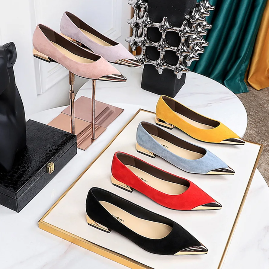 Retro Women's Low Heeled Shoes Suede Ladies Shoes Metal Pointed Tip Women Shoes Comfortable Female Shoes Low Heel Office Shoes