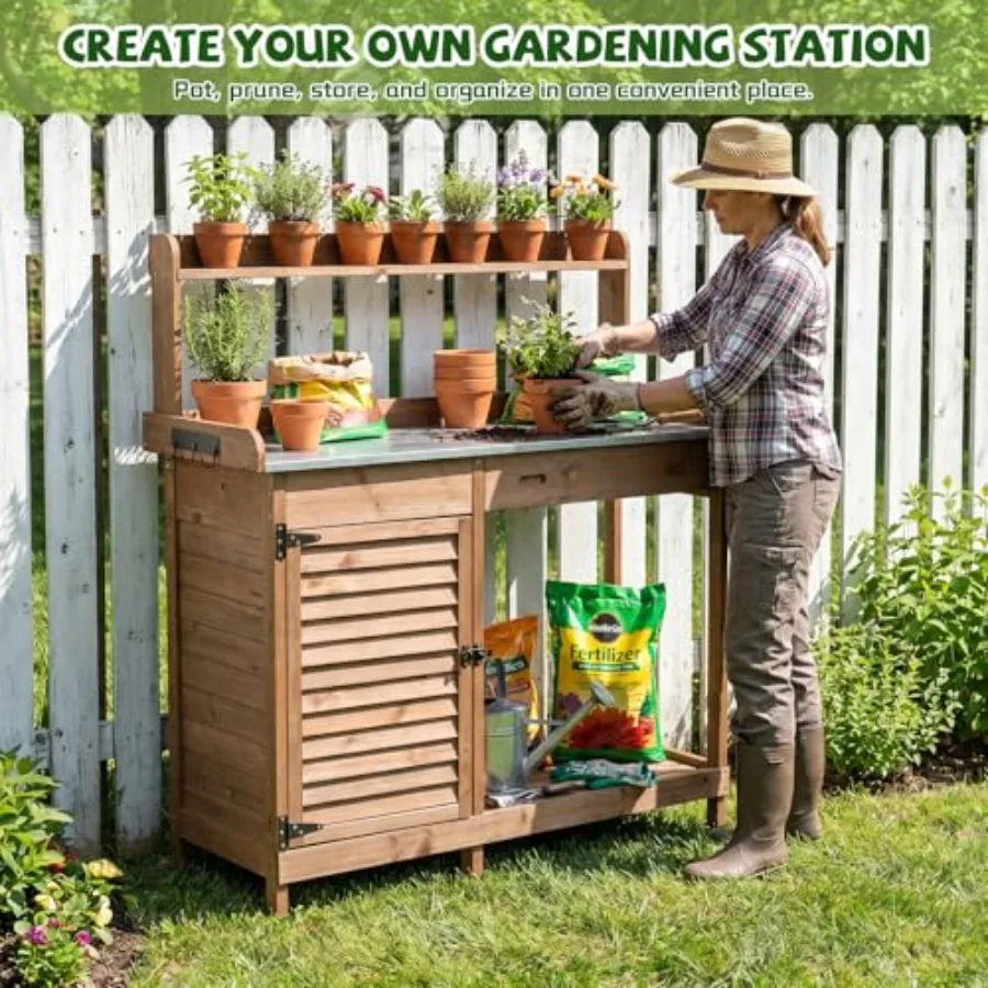 Outdoor Potting Bench Table with Storage Cabinet, Wooden Garden Workstation with Metal Tabletop, Drawer, Side Hooks and Lower S