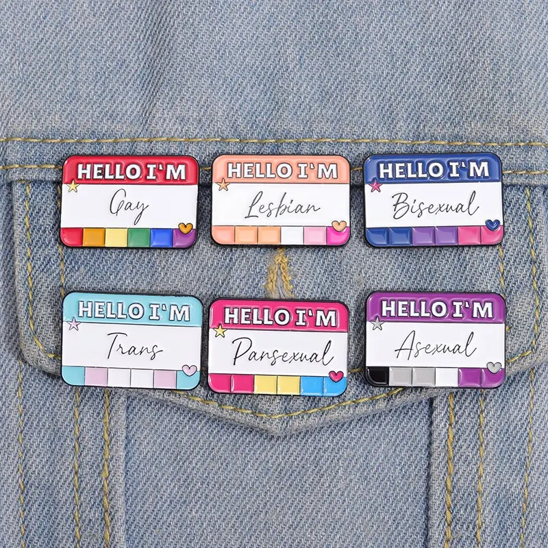 Hello I'm LGBT Enamel Pins Custom BI Pan Asexual Trans Gay Lesbian Brooches Lapel Badges Pride Rainbow Color Dialog Box Jewelry