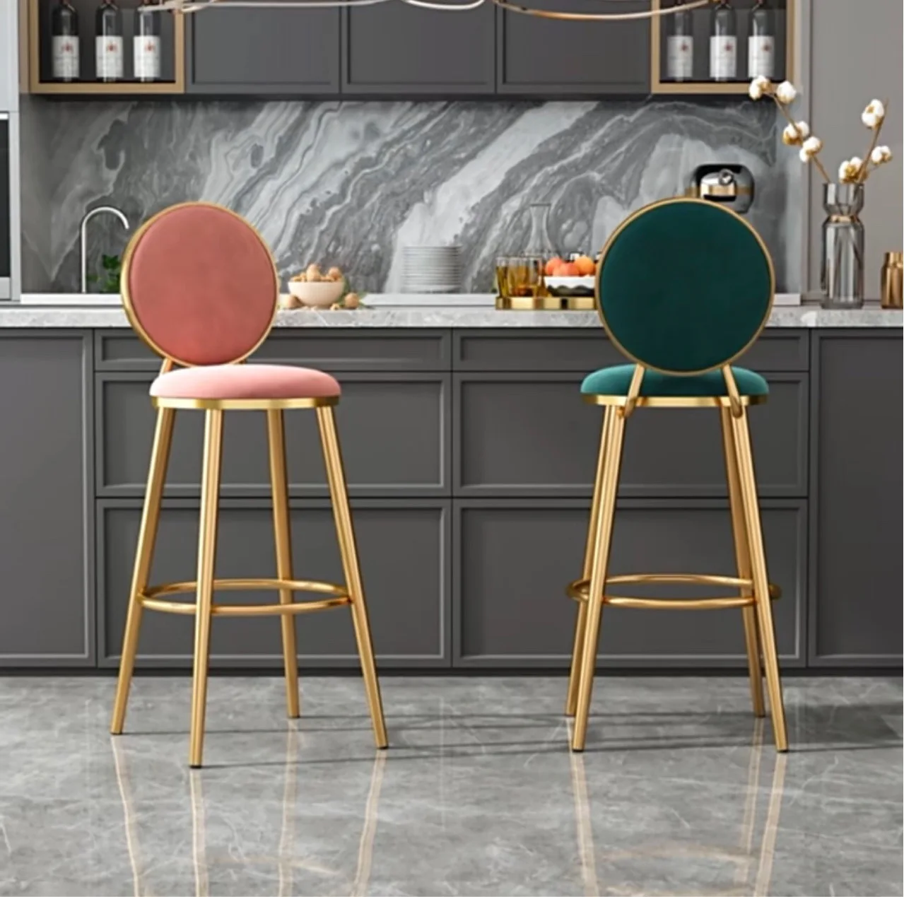 wholesale luxury Nordic style simple cream color pink kitchen velvet fabric high chair stool bar chairs with gold metal legs