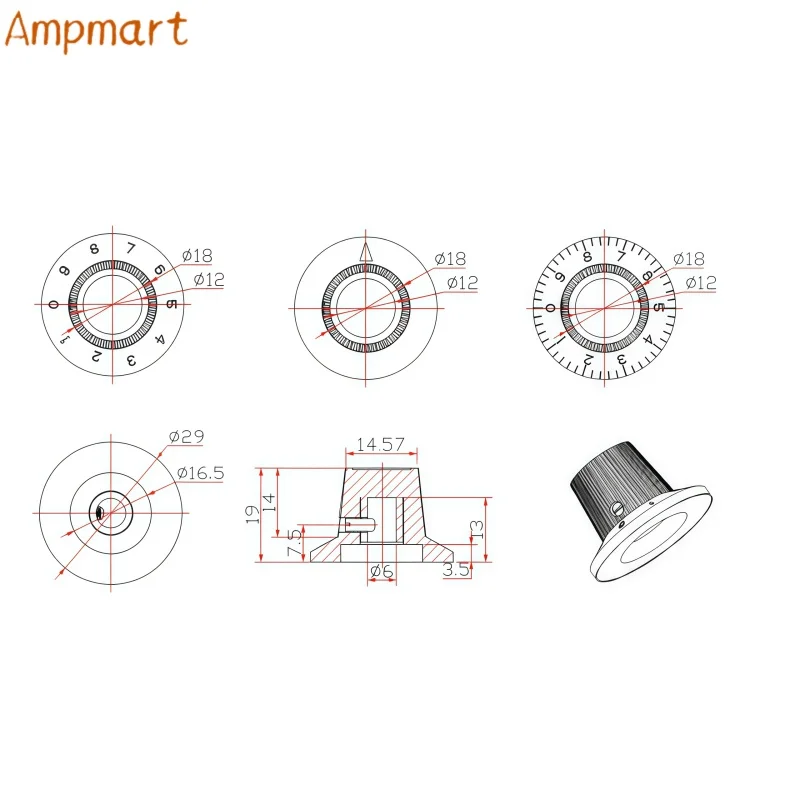 Ampmart Bakelit-Knöpfe 23,5x14, 29x18, 37x15 mm für Audio-Potentiometer, Schalter und Effektpedale; Knopfloch: 6,0 mm – Detail 3