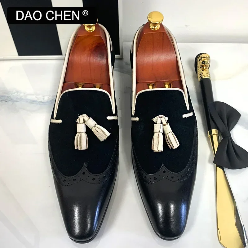 ITALIAN LEATHER SHOES BLACK MIXED COLOR WINGTIP TASSELS LOAFERS CASUAL MENS DRESS SHOES WEDDING OFFICE LOAFERS FOR MEN