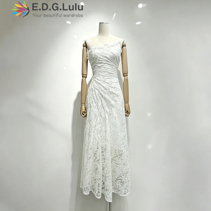 EDGLuLu Slanted Collar One Shoulder Formal Elegant Woman Dresses Hollow Lace Embroidery Long Dresses For Women 0515