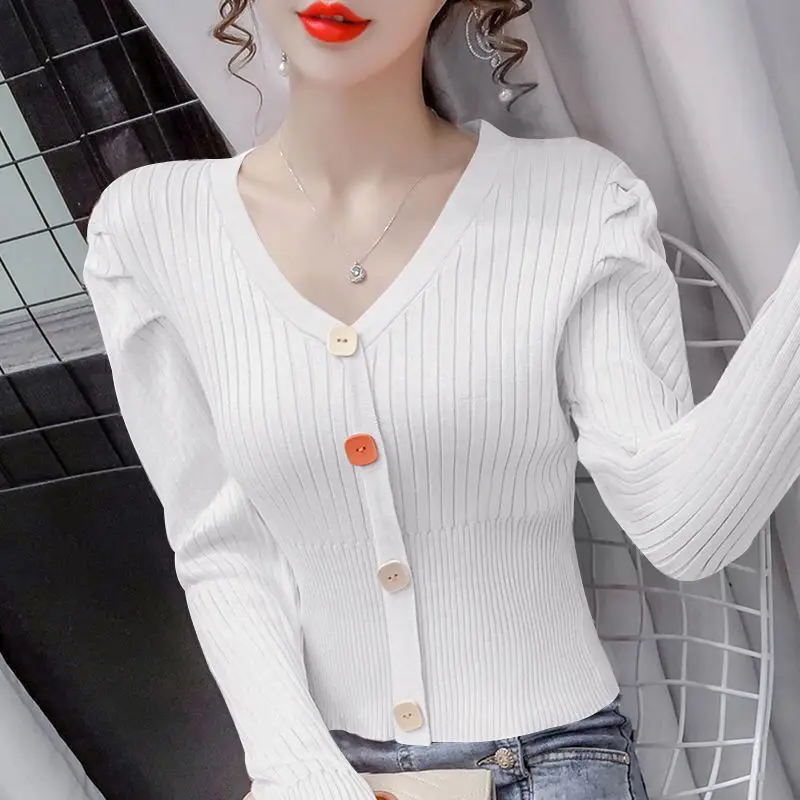 Pullovers Ladies Fashion Buttons Solid Color V-neck Long Sleeve Top Tee Autumn New All-match Pullover Knitting Sweater Women\'s