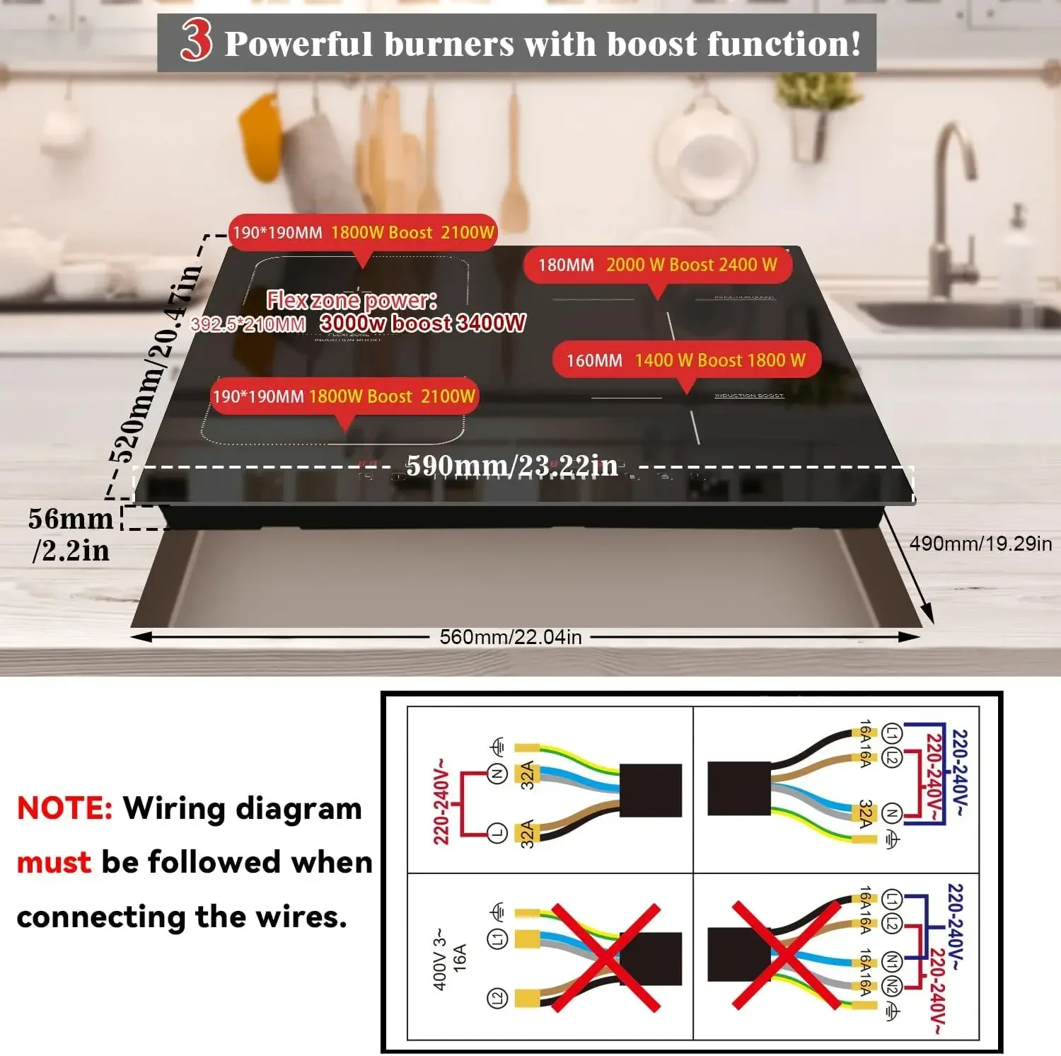 Karinear Induction Cooktop 4 หัวเตา, 7400W 24 ''Built-in Induction Stovetop พร้อม Flex Zone, ล็อคความปลอดภัยของเด็ก, ตัวจับเวลา, Boost,