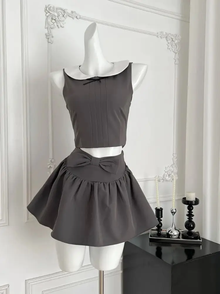 

Summer Women Korean Retro Y2K Kpop Idol Aesthetic Gyaru Birthday Party Costume 2 Piece Set Vest Mini Bow Skirt Fashion Outfit